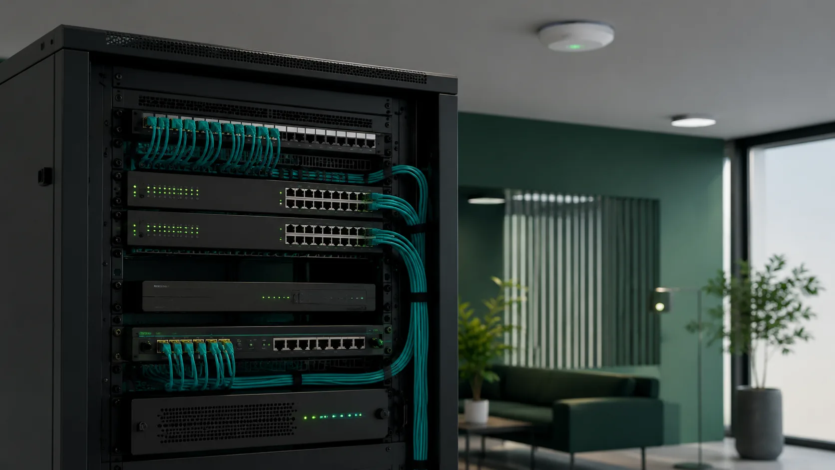 Rack de red profesional con switches y cableado ordenado